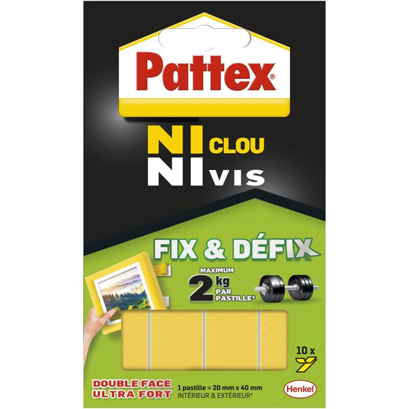 foto del prodotto adesivi, 10 pastiglie, per fissaggio doppio, senza chiodi e senza viti , fix e defix, 40 mm x 20 mm pattex