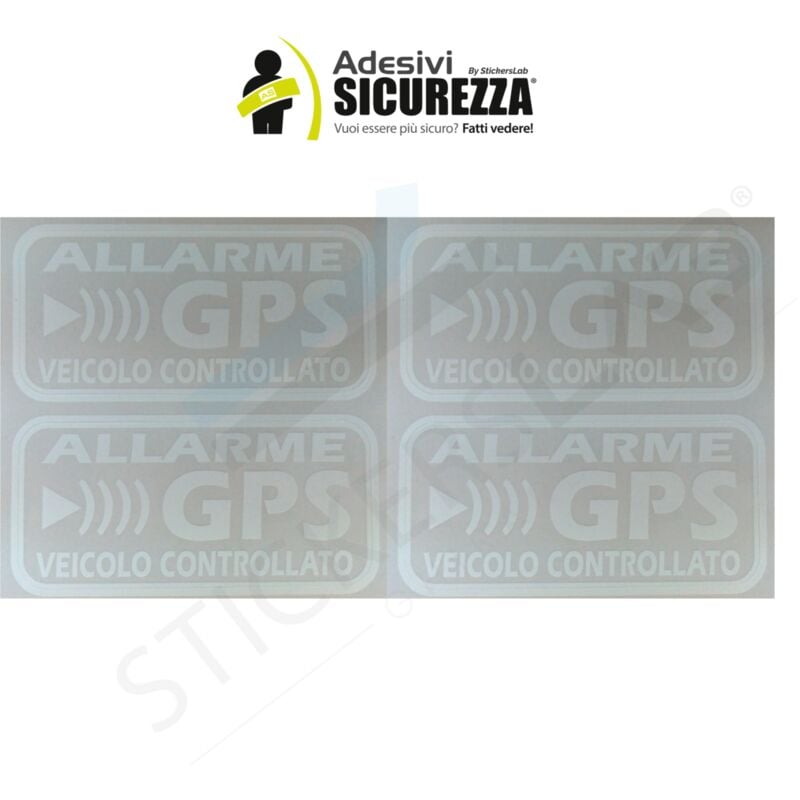 foto del prodotto adesivi allarme gps antifurto satellitare per auto moto camion caravan colore bianco, packaging 4 stickers 13cm x 6,5cm