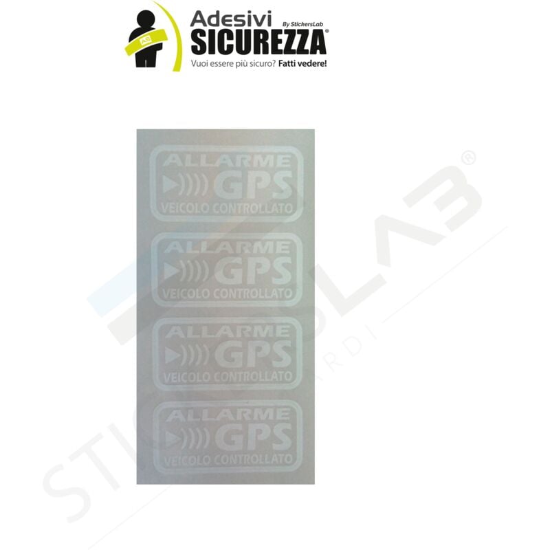 foto del prodotto adesivi allarme gps antifurto satellitare per auto moto camion caravan colore bianco, packaging 4 stickers 6cm x 3cm