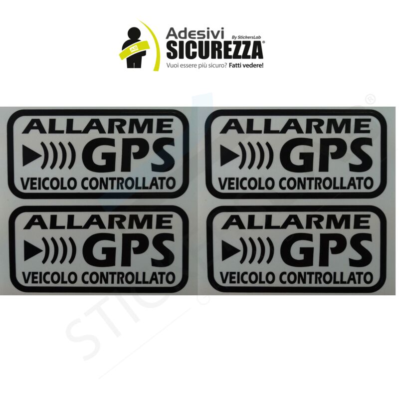 foto del prodotto adesivi allarme gps antifurto satellitare per auto moto camion caravan colore nero, packaging 4 stickers 13cm x 6,5cm