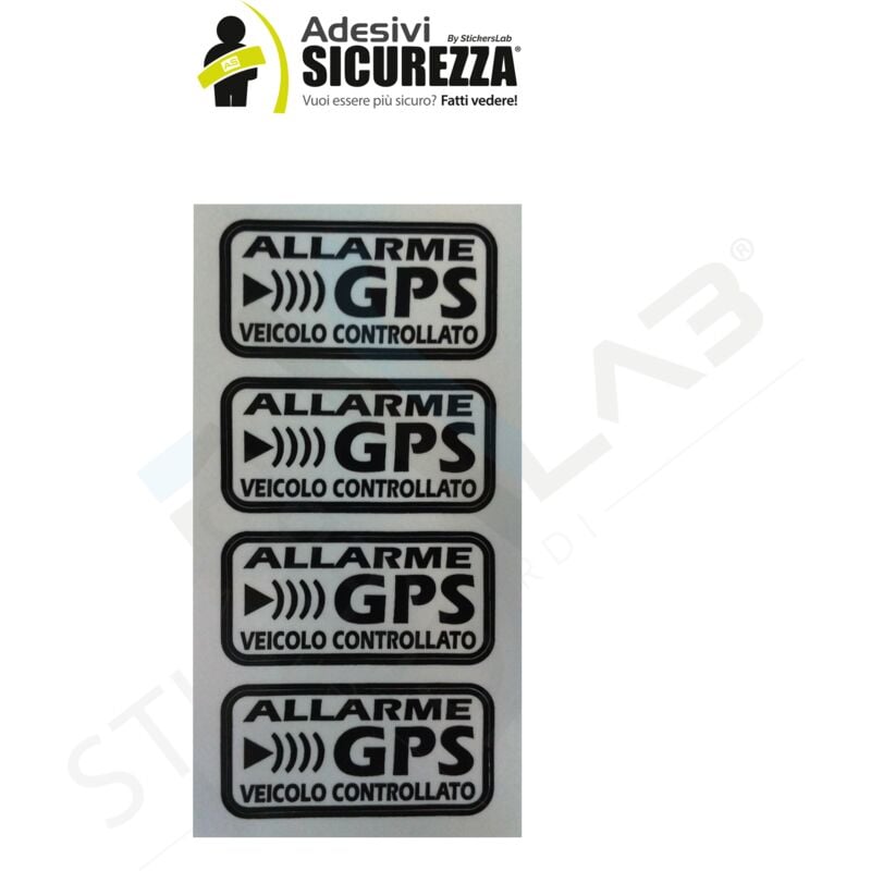 foto del prodotto adesivi allarme gps antifurto satellitare per auto moto camion caravan colore nero, packaging 4 stickers 6cm x 3cm