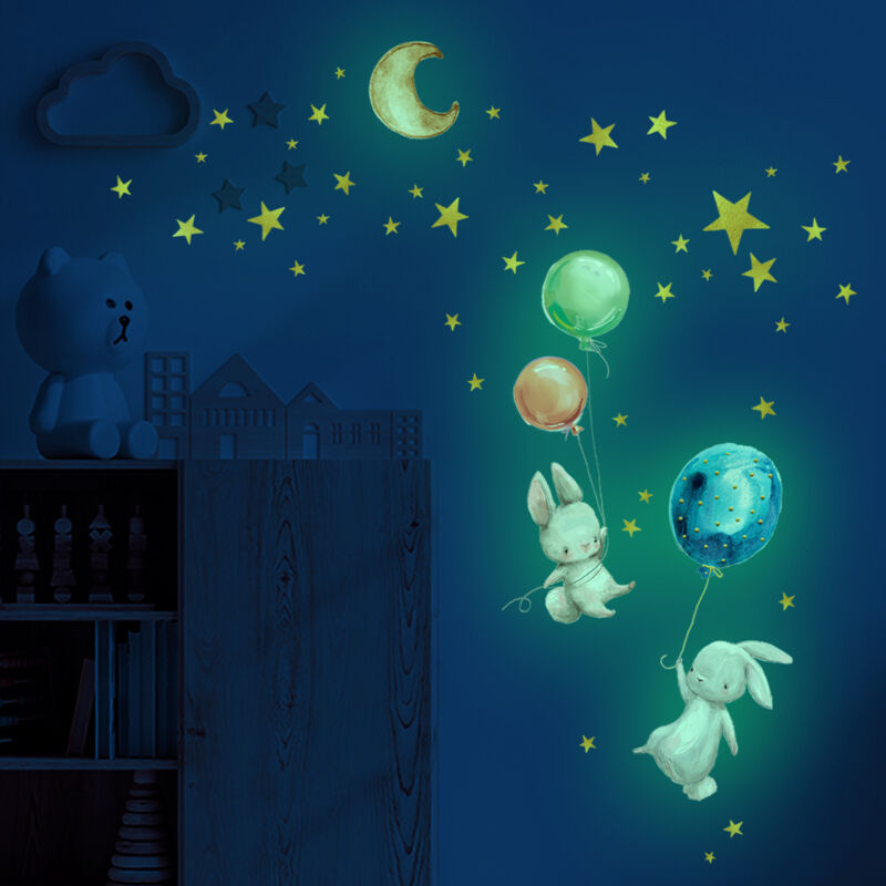 foto del prodotto adesivi da parete fluorescenti per bambini, stelle lunari conigli e palloncini stelle bagliori al buio adesivi da parete luminosi per soffitto per