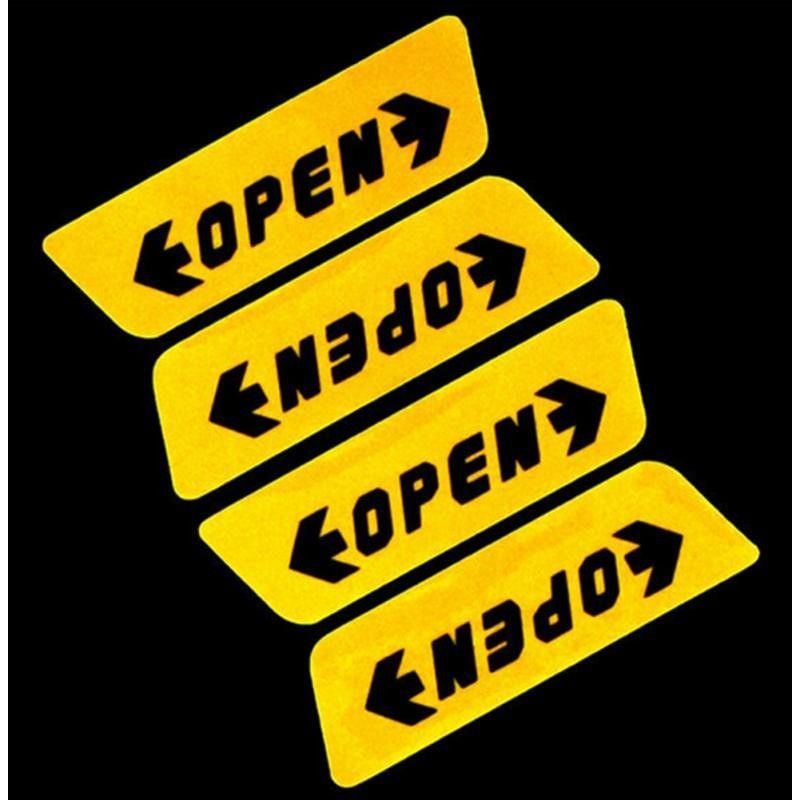 foto del prodotto adesivi di sicurezza per portiera auto rifrangenti, con scritta open colore - giallo