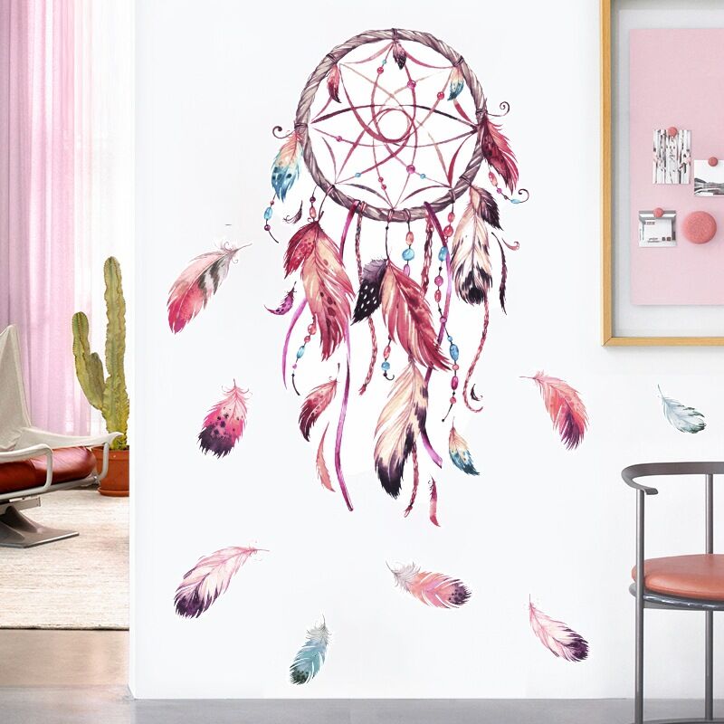 foto del prodotto adesivi murali acchiappasogni, adesivi murali con fiori e piume per soggiorno, camera da letto, cameretta per bambini, cameretta dei bambini,