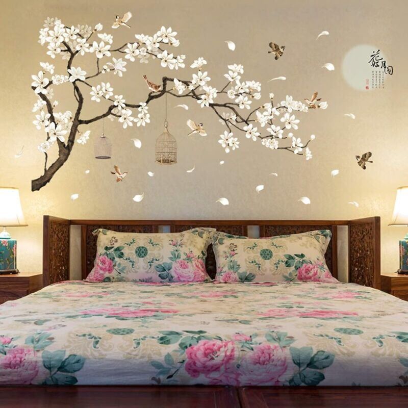 foto del prodotto adesivi murali con fiori di ciliegio e uccellino su un ramo per adulti, camera da letto, vintage, fai da te, dimensioni 187 x 128 cm, adesivi per