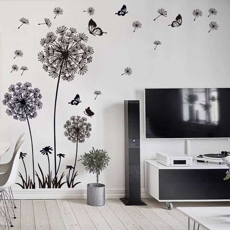 foto del prodotto adesivi murali dandelion flowers neri 150x114cm i farfalla piante ramo albero i adesivo murale per soggiorno camera da letto cucina ufficio adulto
