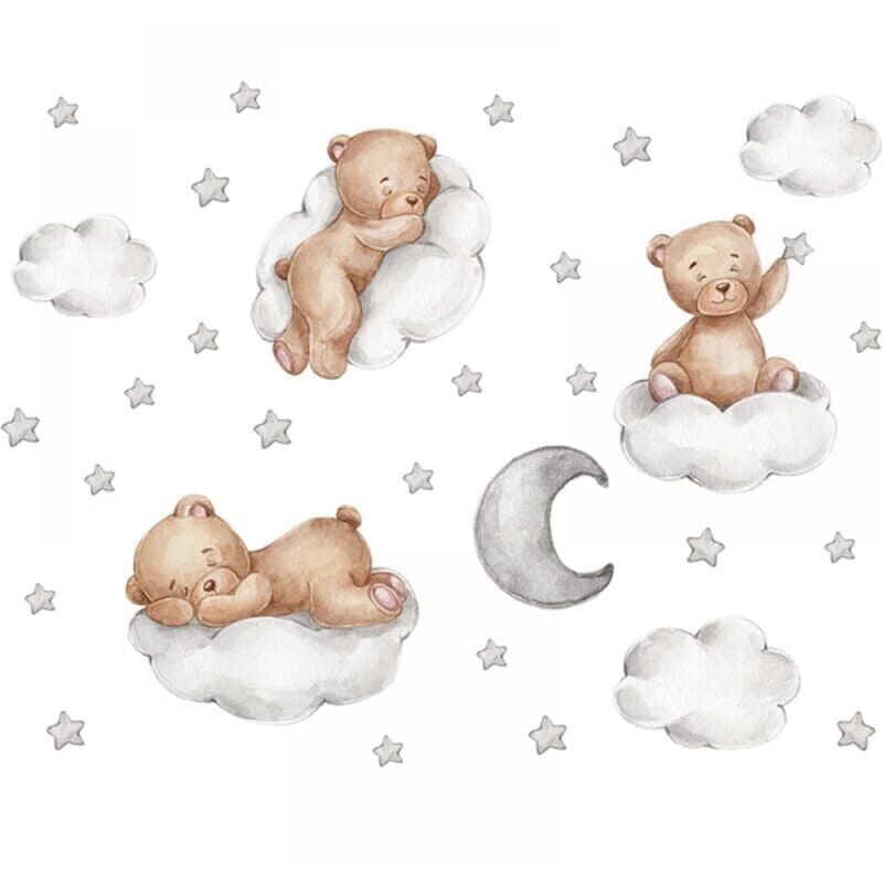 foto del prodotto adesivi murali rimovibili per bambini, adesivi murali con orso, nuvole, stelle e luna, adesivi murali con animali per camerette dei bambini, asilo