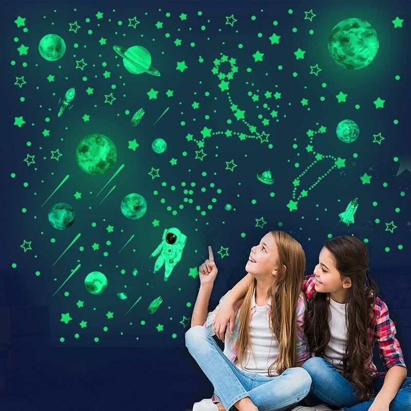 foto del prodotto adesivi murali stelle fosforescenti, 1449 pezzi, decorazioni per soffitto fosforescenti verdi, pianeti, astronauti, razzi, stelle fosforescenti,
