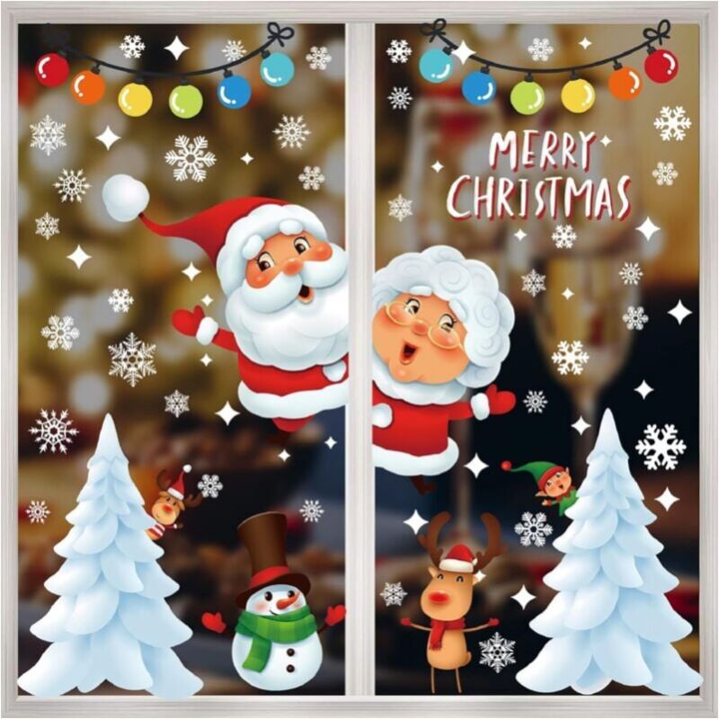 foto del prodotto adesivi natalizi per finestre, adesivi natalizi fai da te, adesivi decorativi per finestre e porte, pupazzo di neve, babbo natale, alce, adesivi