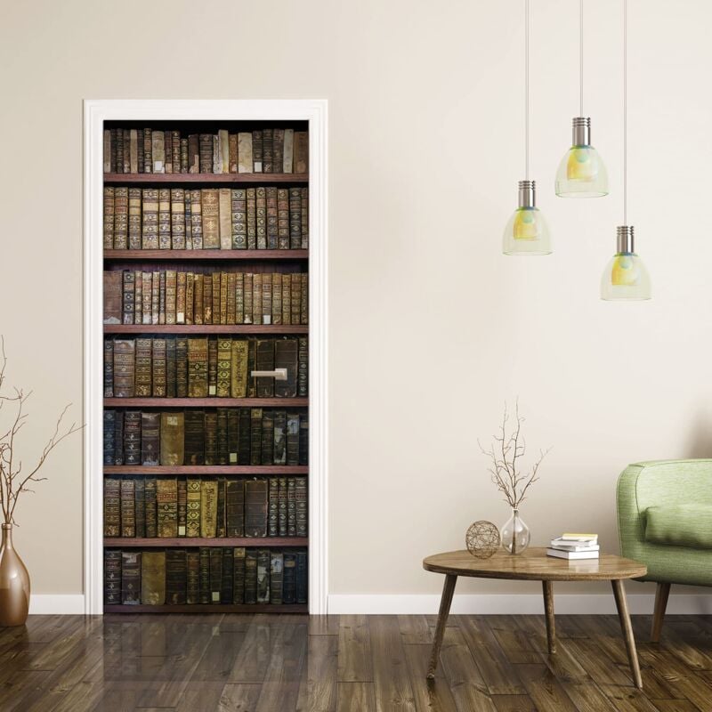 foto del prodotto adesivi per porte in pvc premium, door cover libreria vintage, applicazione facile e senza bolle, rivestimenti per porte da interno 83 x 210