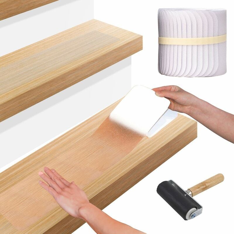 foto del prodotto adesivo antiscivolo per scale 10 x 60 cm 15 pezzi, striscia antiscivolo trasparente in peva per scale, gradini autoadesivi
