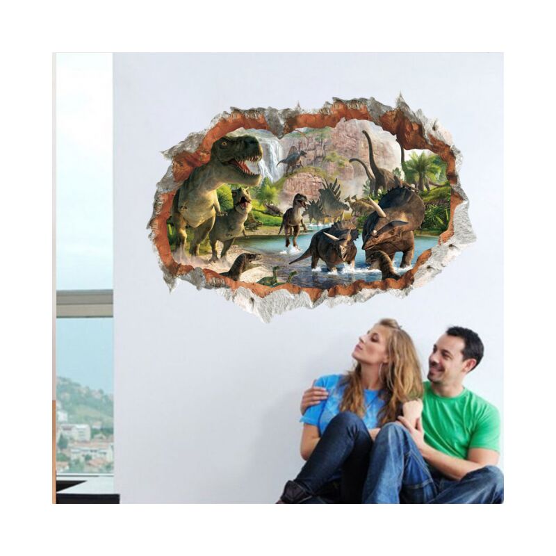 foto del prodotto adesivo da parete 3d dinosauri nel fiume, effetto speciale 3d, vista esterna, decorazione da parete incrinata, rimovibile, fai da te, in vinile, per