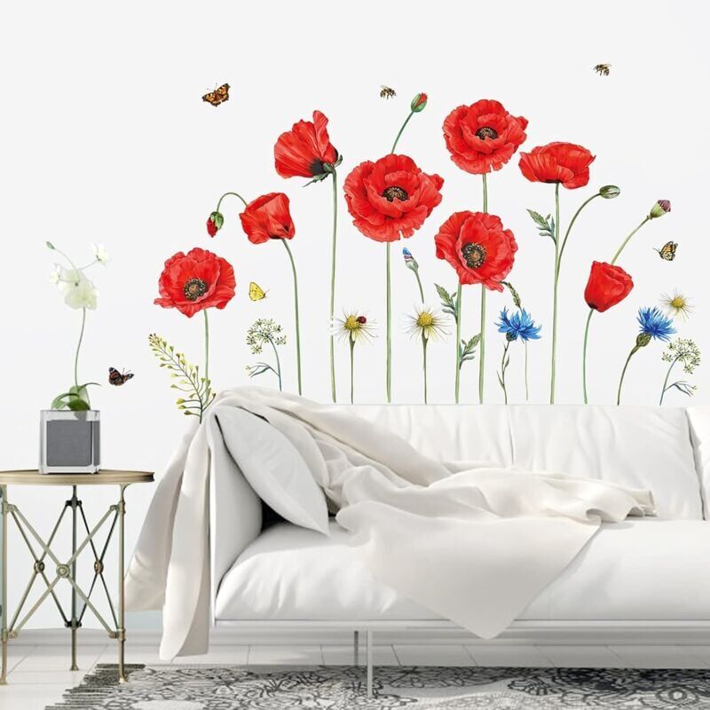 foto del prodotto adesivo da parete con fiore di papavero rosso adesivo da parete con fiore di farfalla decorazione da parete camera da letto soggiorno bambini ufficio