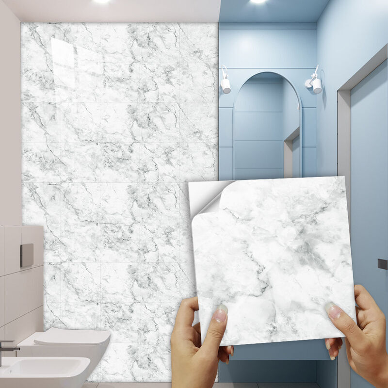 foto del prodotto adesivo per piastrelle da bagno in pvc impermeabile per parete adesivo per pavimento in marmo bianco rimovibile 30 cm x 30 cm autoadesivo per