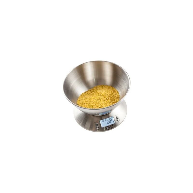 foto del prodotto adler bilancia da cucina ad 3166 con ciotola in acciaio inox da 900 ml, peso massimo 5 kg, bilancia elettronica per uso domestico con display lcd,