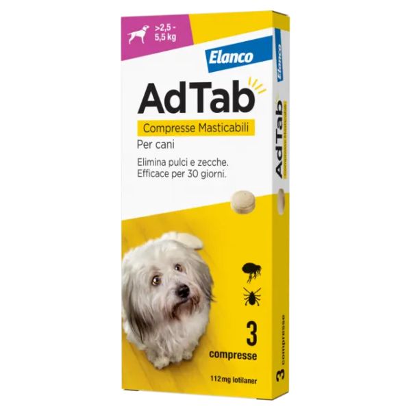 foto del prodotto adtab elanco compresse masticabili antiparassitario orale per cani cani 2,5 5,5 kg antiparassitario per cani 1 ordine scegli lo sconto bzr5 bzr20 200 punti fedelt 