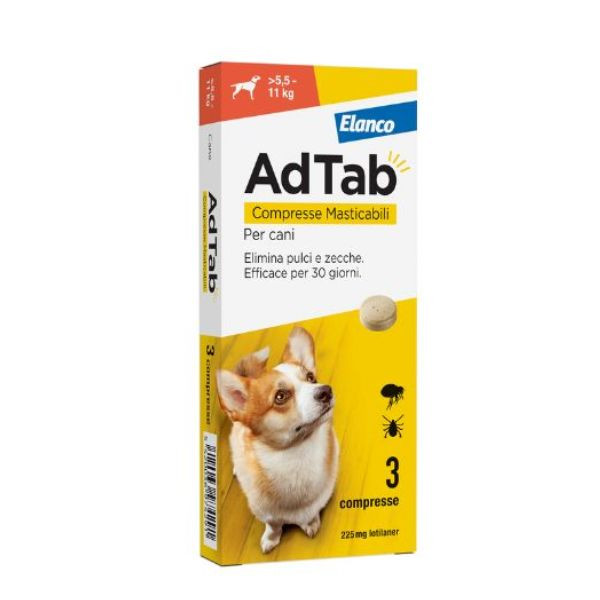 foto del prodotto adtab elanco compresse masticabili antiparassitario orale per cani cani 5,5 11 kg antiparassitario per cani 1 ordine scegli lo sconto bzr5 bzr20 200 punti fedelt 