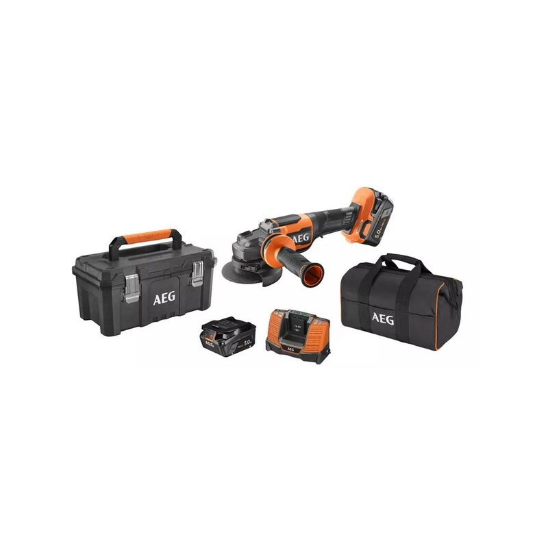 foto del prodotto aeg bews18 115blpx2 502tb smerigliatrice batteria 18v 2x5,0ah 115mm brushless