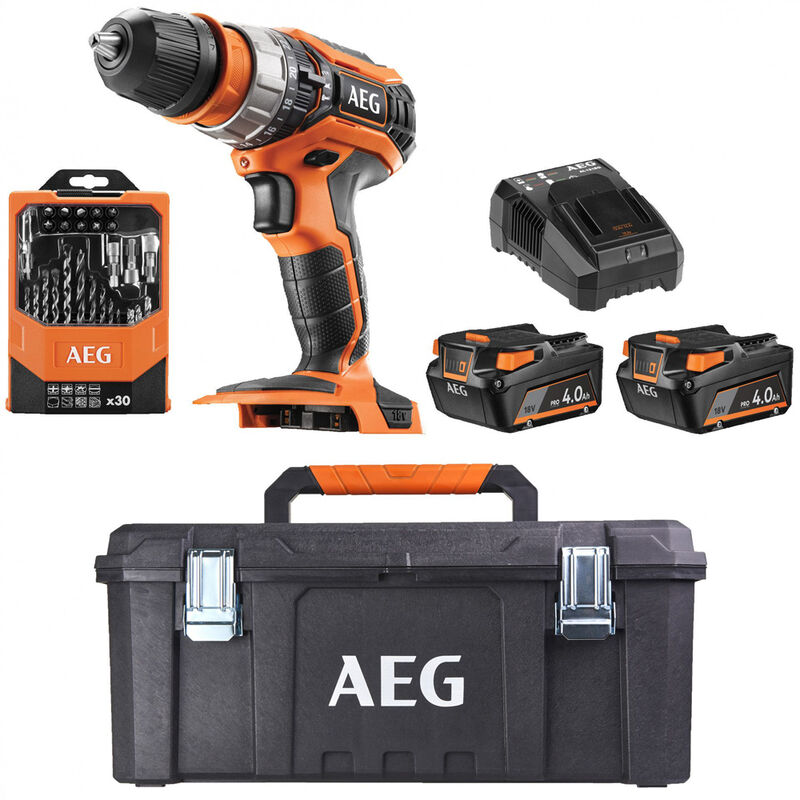 foto del prodotto aeg kit trapano a percussione a batteria 2 batterie da 4ah set 30 accessori