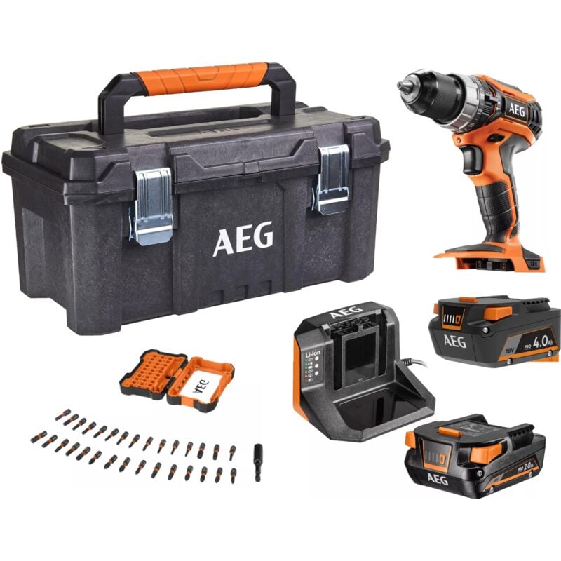 foto del prodotto aeg trapano a percussione 18 volt con mandrino in metallo da 13 mm, 60 nm, cassetta degli attrezzi, 1 batteria 4ah, 1 batteria 2ah, 1