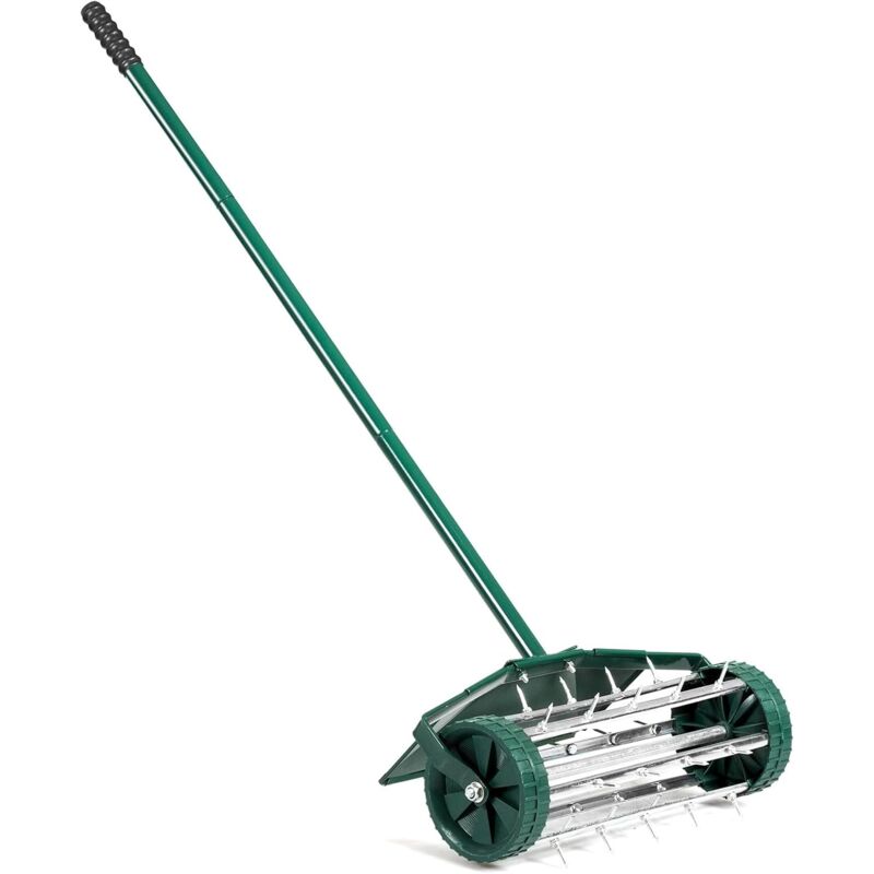 foto del prodotto aeratore per prato, rullo a spine di metallo con ampio paraspruzzi protettivo, aerazione del terreno pesante per giardino cortile prato, 46 x 23 x