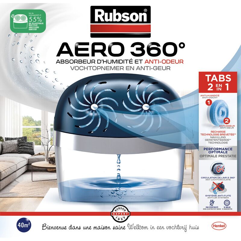 foto del prodotto aero 360 assorbitore di umidit per ambienti fino a 40 m , deumidificatore d aria antiodore e antimuffa, include 2 ricariche neutre da 450 g rubson