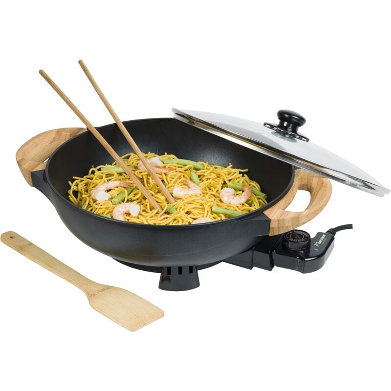 foto del prodotto aew100as wok elettrico con manici in bamb , misura xl, con coperchio in vetro, spatola in bamb , 2 bastoncini da cucina e ricettario, 1500 w,