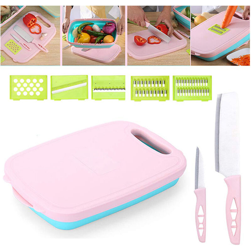 foto del prodotto affetta verdure manuale tagliere multifunzione 5in1 pieghevole coltelli cesto