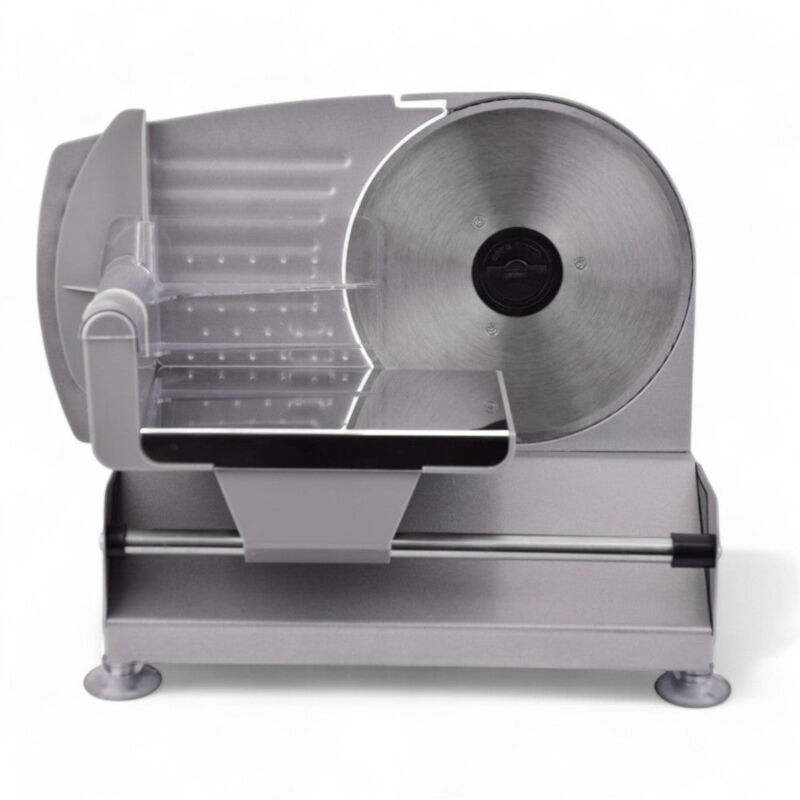 foto del prodotto affettatrice inox con lama removibile 19 cm regolabile fino a 15 mm carrello protetto piedini antiscivolo 150w 220 240v