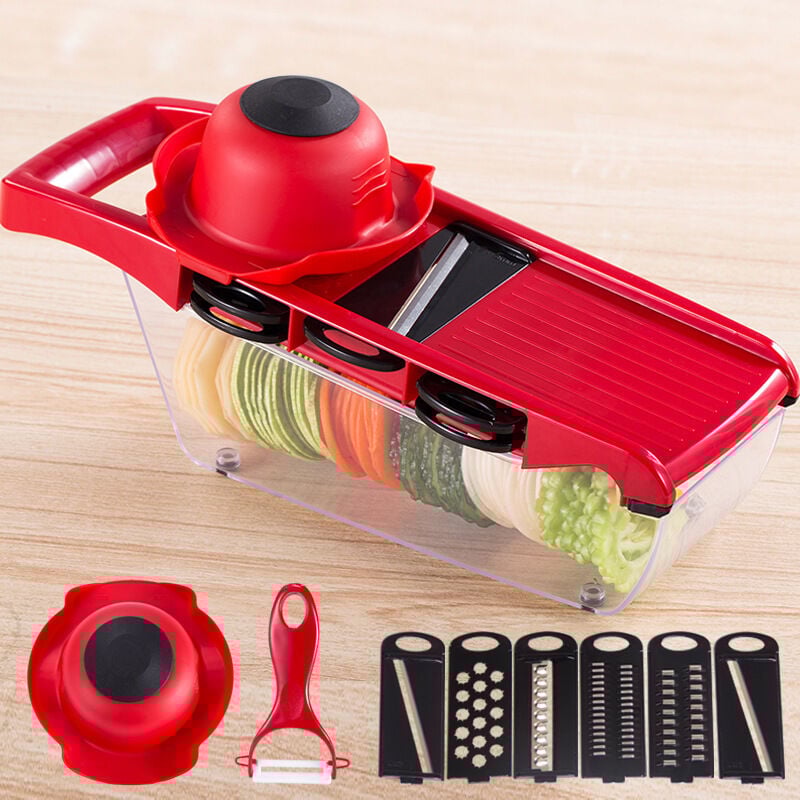 foto del prodotto affettatrice per verdure multifunzione 6 in 1, affettatrice mandolina da cucina, tagliapatate, tagliaverdure con contenitore e pelapatate per