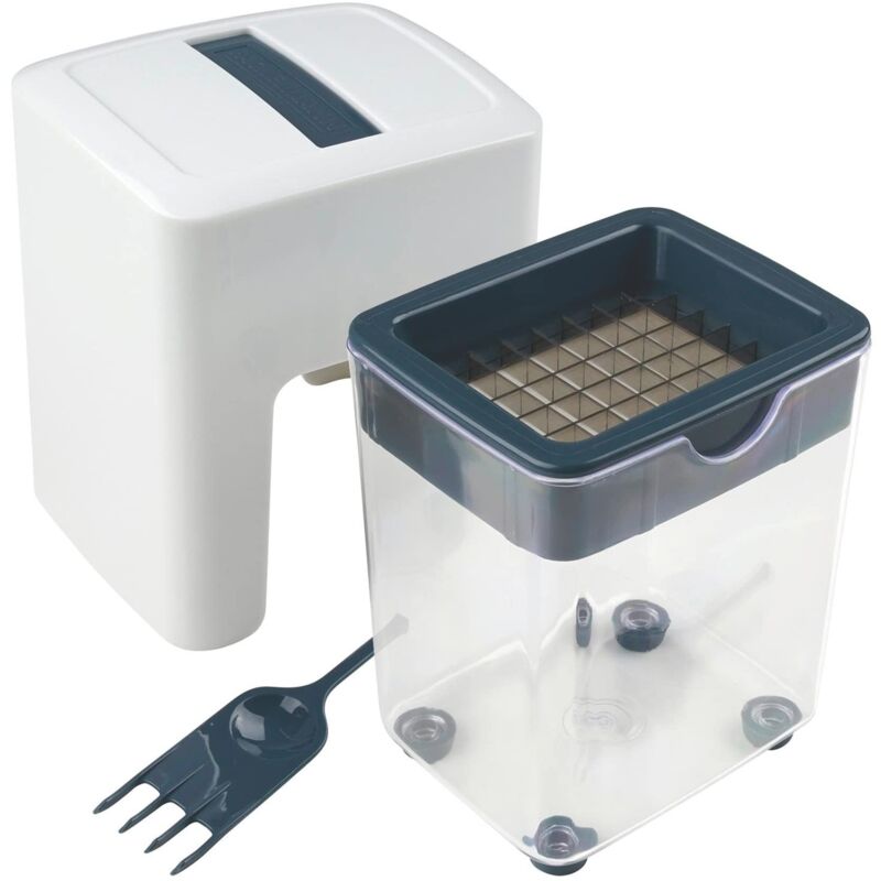 foto del prodotto affettaverdure a stick, linea easy prepare, ideale per patate, carote e molto altro, 11,5x10x16cm, colore blu scuro e bianco fackelmann