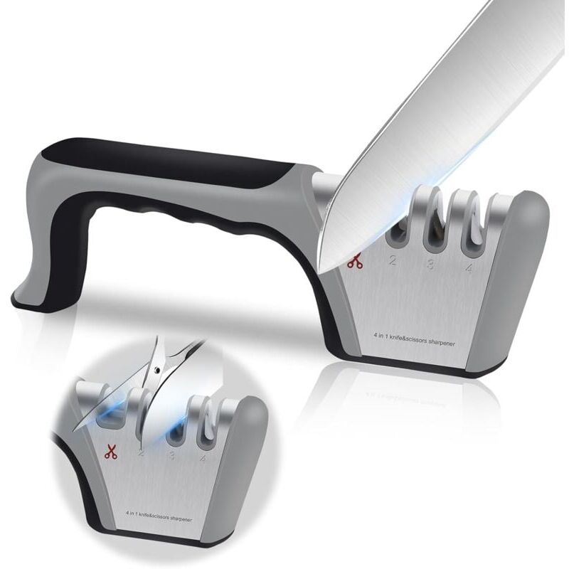 foto del prodotto affilacoltelli professionale, affilacoltelli da cucina 4 in 1, affilacoltelli e affilaforbici, affilacoltelli con gomma antiscivolo per coltelli in