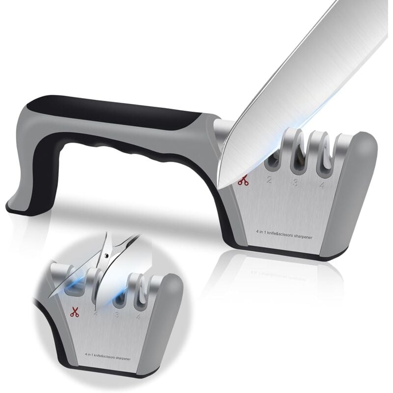foto del prodotto affilacoltelli professionale, affilacoltelli da cucina 4 in 1 affilacoltelli e forbici, affilacoltelli con gomma antiscivolo per coltelli in acciaio