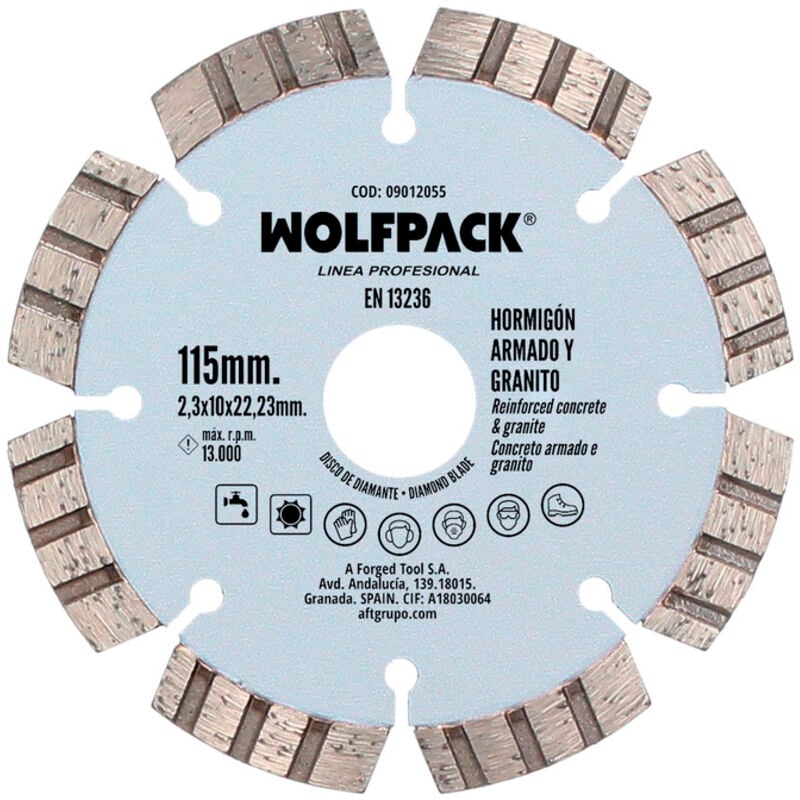 foto del prodotto aft wolfpack linea profesional lama diamantata cemento armato granito 115 mm. segmento diamantato 10 mm.