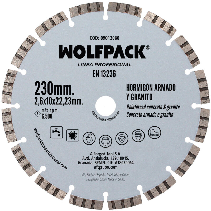foto del prodotto aft wolfpack linea profesional lama diamantata cemento armato granito 230 mm. segmento diamantato 10 mm.