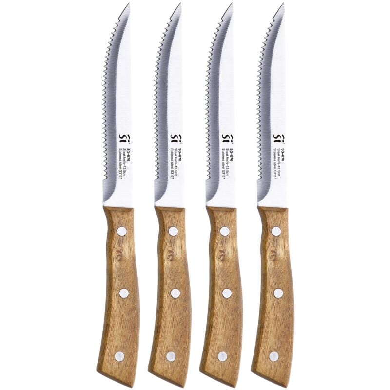 immagine 0 del prodotto agros set di 4 coltelli per carne acciaio inossidabile foglio con finitura opaca foglio 12,5 cm manico in legno di acacia perfetto per
