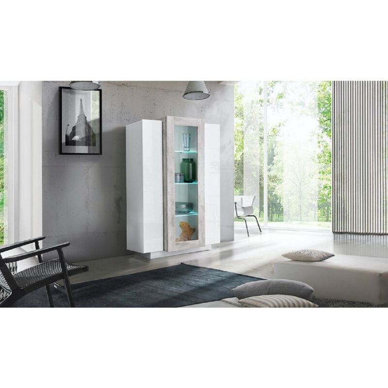 foto del prodotto ahd amazing home design credenza vetrina con 3 ante mobile moderno da ingresso bianco e cemento