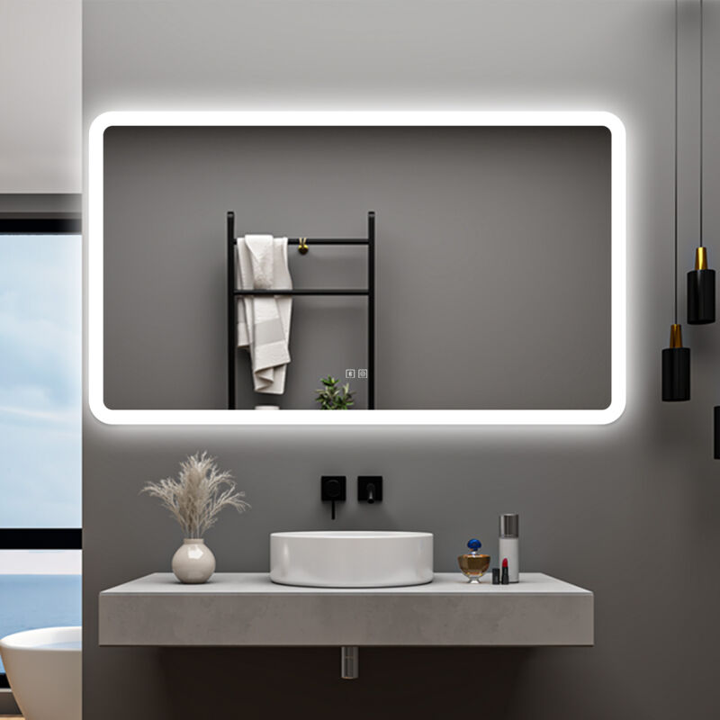 foto del prodotto aica 100 x 60 cm specchio da bagno con led,rettangolo,disappannamento,touch,memoria,dimmerabile,retroilluminato,tre colori,bluetooth