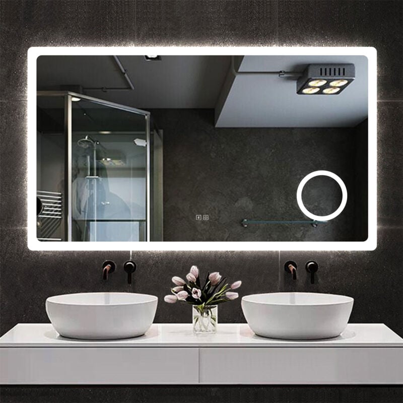 foto del prodotto aica 120x70cm specchio da bagno rettangolare a led di alta qualit con bluetooth, lente d ingrandimento, antiappannamento, dimmerabile all infinito