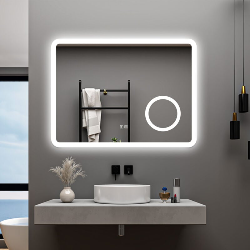 foto del prodotto aica 80 x 60 cm specchio da bagno con led,rettangolo,disappannamento,touch,memoria,dimmerabile,retroilluminato,tre colori,bluetooth,magnificatore