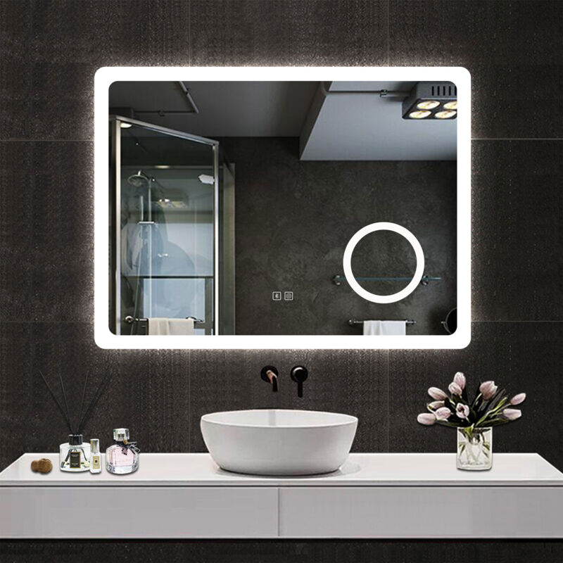 foto del prodotto aica 80x60cm specchio da bagno rettangolare a led di alta qualit con bluetooth, lente d ingrandimento, antiappannamento, dimmerabile all infinito