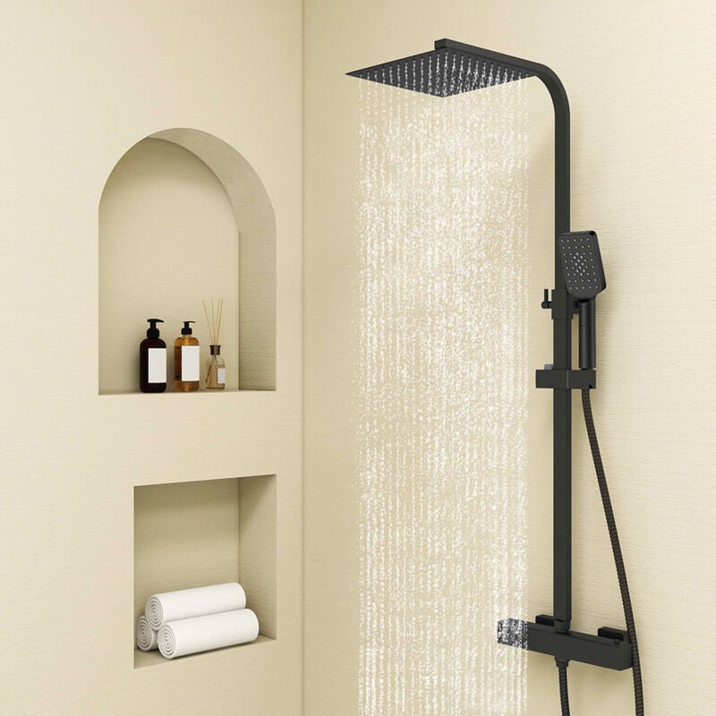 foto del prodotto aica colonna doccia con miscelatore termostatico, rubinetto doccia 29x4.5cm, soffione doccia quadrato 25x25cm in acciaio inox nero