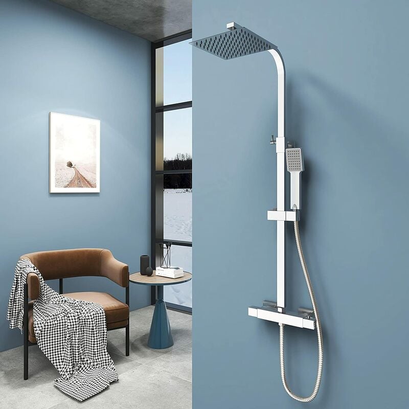 foto del prodotto aica colonne doccia termostatiche, set doccia completo di soffione quadrato 20x20cm, doccetta, rubinetto e asta rettangolari, cromato lucido