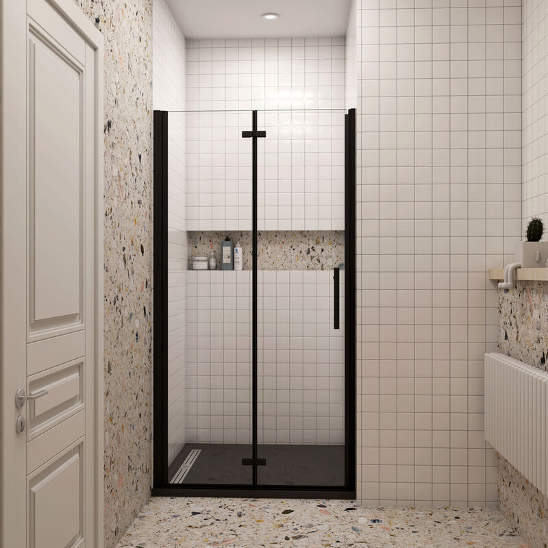 foto del prodotto aica italy 80x190 cm porta doccia per nicchia battente pieghevole in vetro temperato trasparente 5 mm anticalcare telaio nero opaco piatto doccia