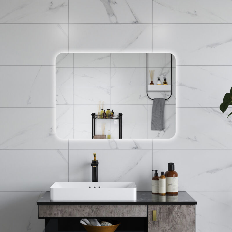 foto del prodotto aica italy - aica 80 x 60cm specchio da bagno con led, rettangolare, touch, memoria, dimmerabile, retroilluminato