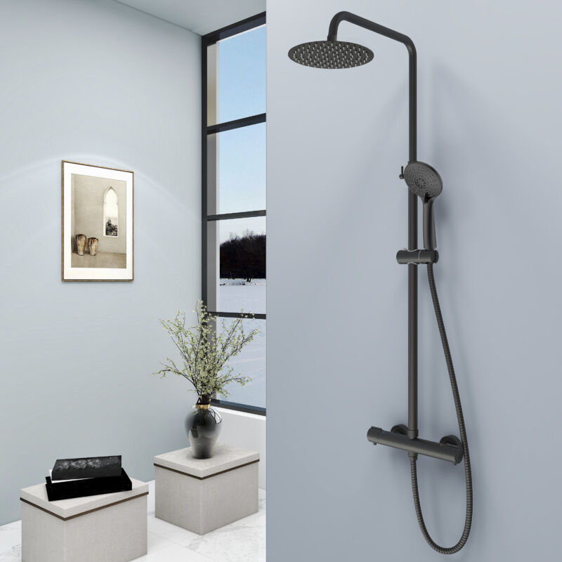 foto del prodotto aica italy aica kit doccia con miscelatore termostatico, soffione in acciaio inox 20x20cm, altezza regolabile 73 115 cm, nero opaco