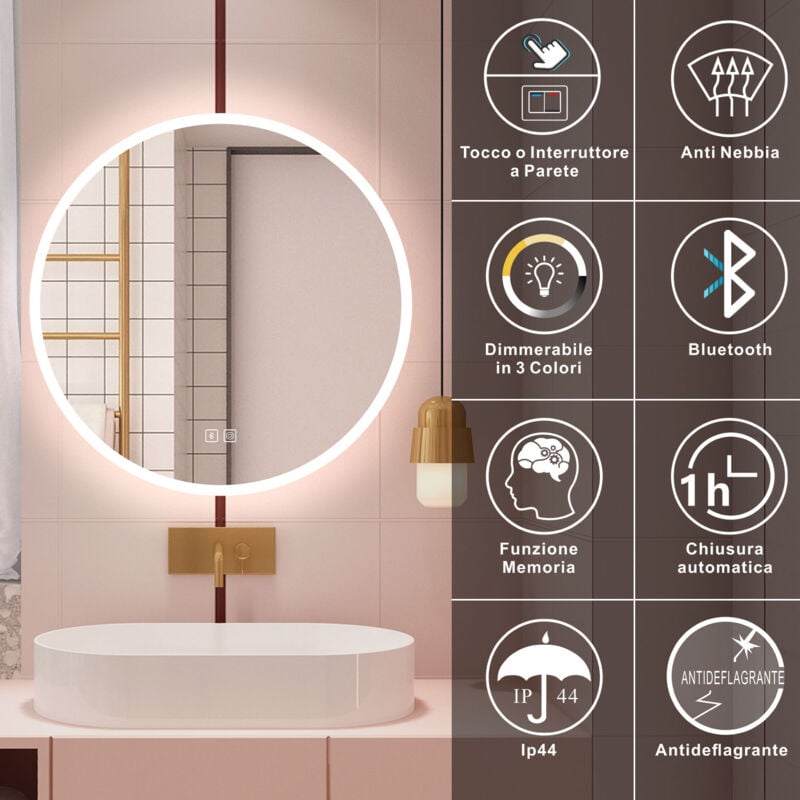 foto del prodotto aica italy - aica specchio da bagno a led, 70x70cm, bluetooth, 3 temperature di colore, funzione antiappannamento