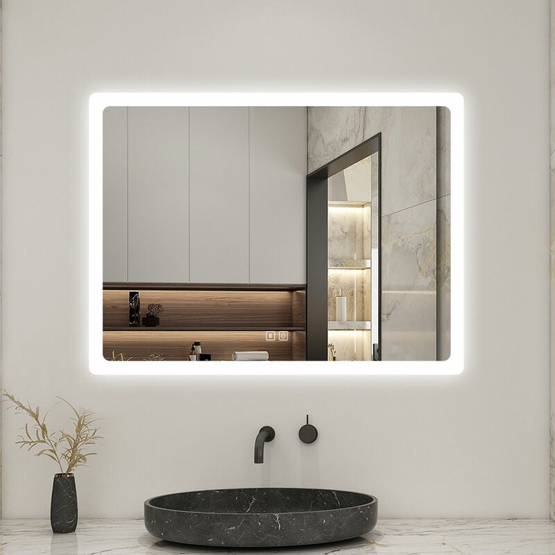 foto del prodotto aica italy aica specchio rotondo illuminato a led, specchio da parete da bagno rettangolare 70 x 50 cm, specchio da trucco, anti nebbia,