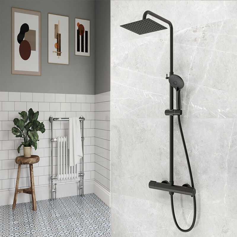 foto del prodotto aica italy - aicait soffione doccia quadrato 20x20cm con doccetta a 3 getti, colonne doccia termostatiche con rubinetto 40mm, nero opaco