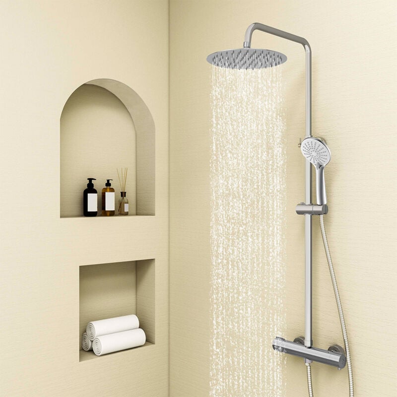 foto del prodotto aica italy colonna doccia con miscelatore termostatico, sistema doccia antiscottatura, set doccia con soffione 25cm a pioggia e doccetta a 3 getti,
